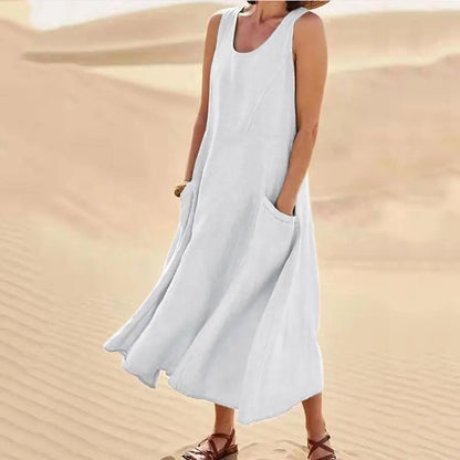 Cotton Linen Sleeveless Double Big Pocket Loose Dress