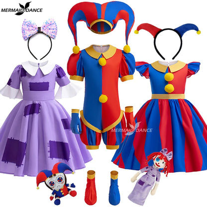 Girls' Digital Circus Pomni Cosplay Costume Set - Red & Blue Clown Dress Outfit for Kids