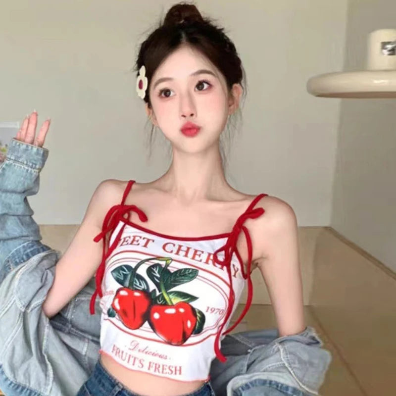 Cherry Print Crop Tank Top - Slim Fit Bow Camisole