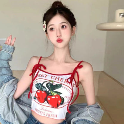 Cherry Print Crop Tank Top - Slim Fit Bow Camisole