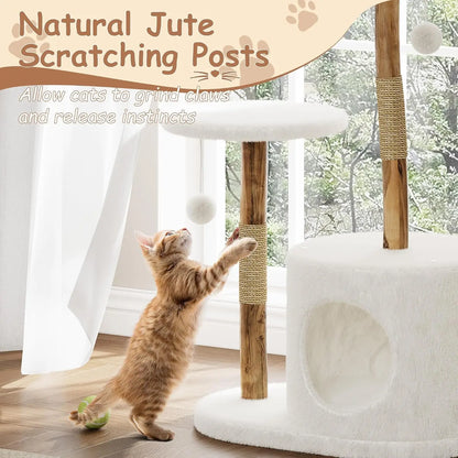 Tacleekii Natural Wood Cat Tree Tower with Wicker Basket Perch & Sisal Scratching Posts