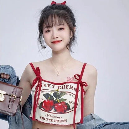 Cherry Print Crop Tank Top - Slim Fit Bow Camisole