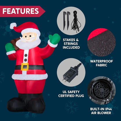 6 FT Christmas Inflatable Santa with Gift Bag - Outdoor LED Lawn Decoration