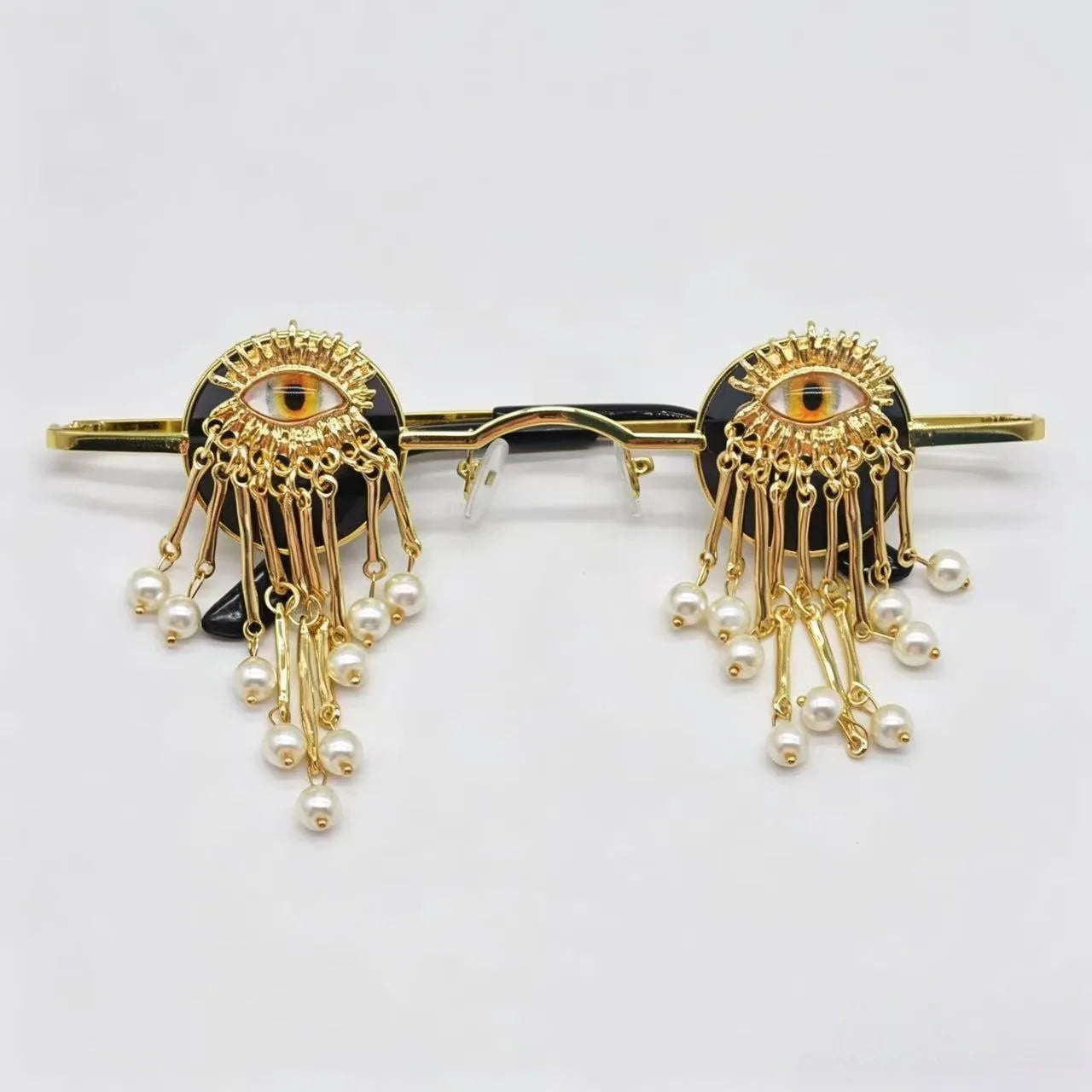 Retro Small Round Evil Eye Sunglasses with Pearl Tassels