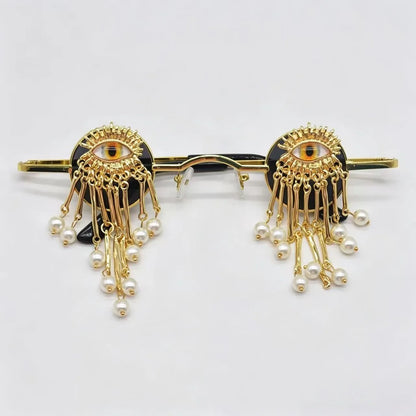 Retro Small Round Evil Eye Sunglasses with Pearl Tassels