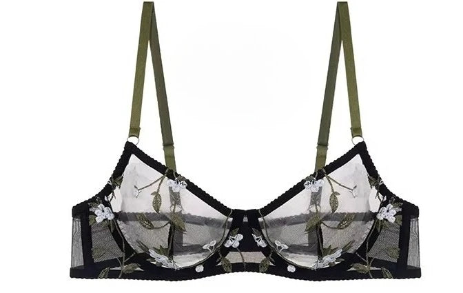 Women's Embroidered Mesh Sheer Bra & Thong Lingerie Set