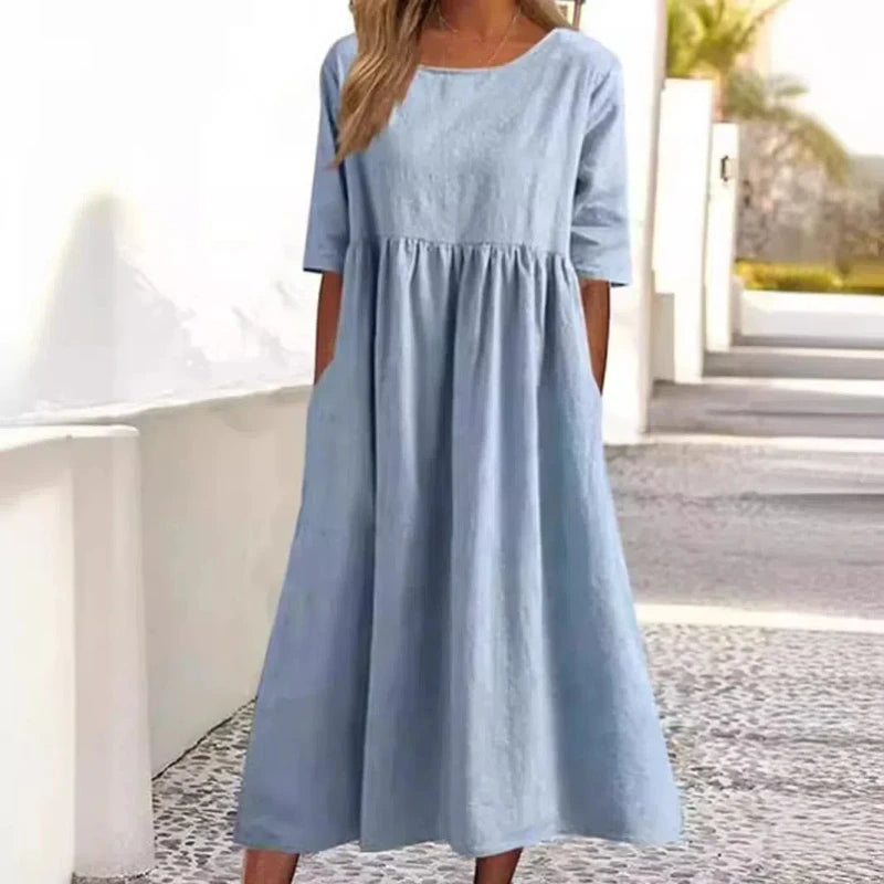 Women's Casual Linen Blend Loose Fit Midi Dress with Pockets