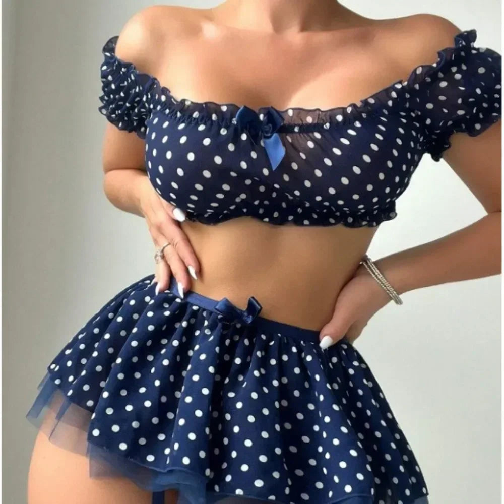 Polka Dot Off-Shoulder Lingerie Set with Skirt