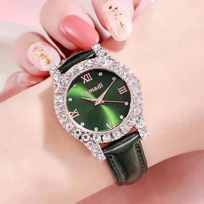 Elegant Rhinestone Leather Strap Quartz Watch