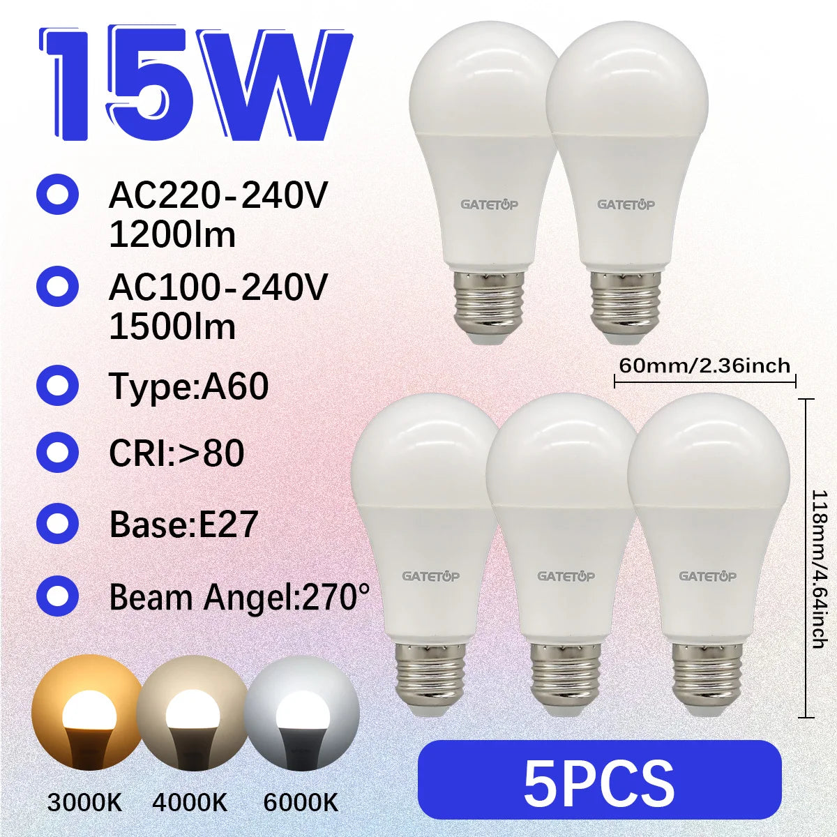 High-Efficiency Energy Saving LED Light Bulb – E27/B22 Base (15W / 3000K–6000K)