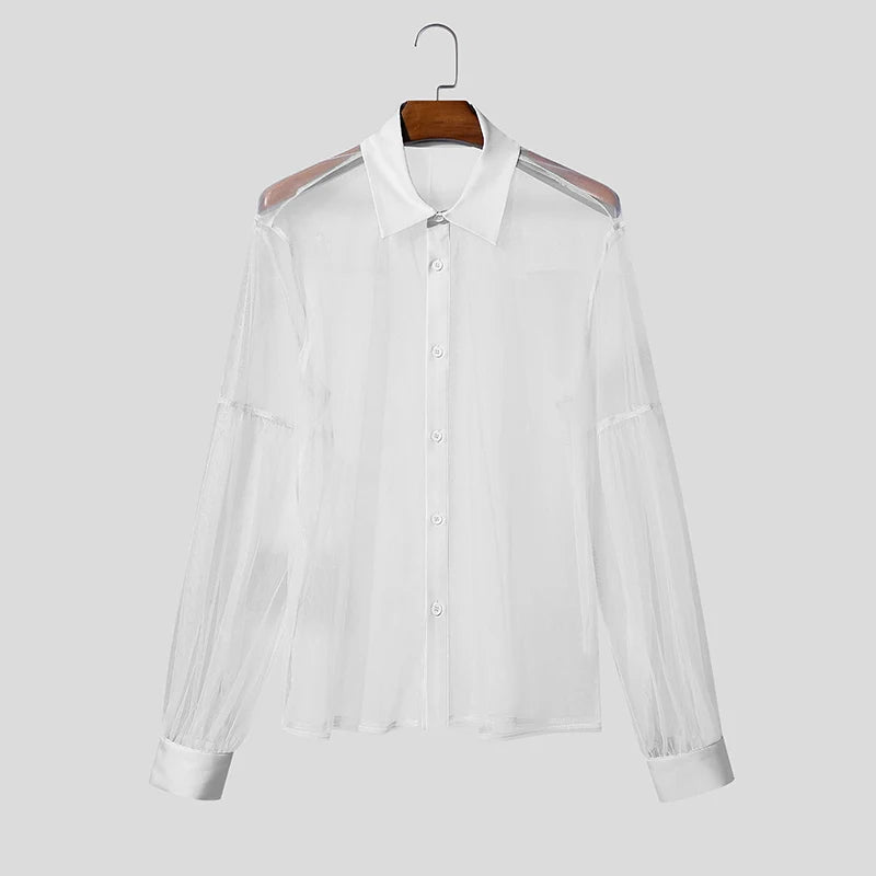 INCERUN Men’s Mesh Patchwork Long Sleeve Button-Down Shirt – Summer Streetwear See-Through Top