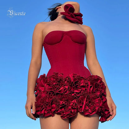 Strapless Backless Red Structured Floral Embellished Mini Length Cocktail Dress