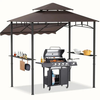 8x8x5 FT Outdoor BBQ Grill Gazebo with Double Tiered Patio Canopy Side Awning Shelves