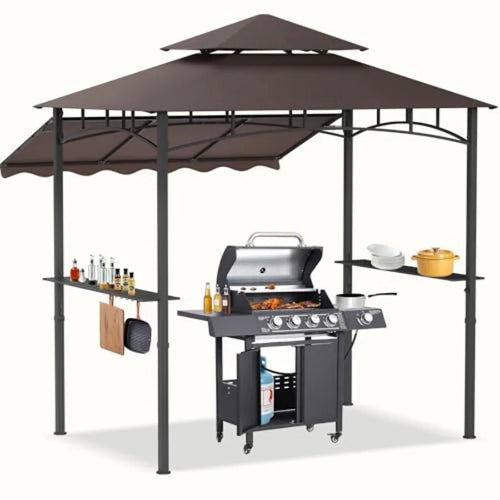 8x8x5 FT Outdoor BBQ Grill Gazebo with Double Tiered Patio Canopy Side Awning Shelves