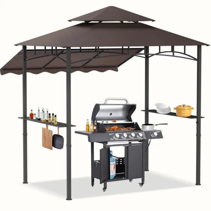8x8x5 FT Outdoor BBQ Grill Gazebo with Double Tiered Patio Canopy Side Awning Shelves