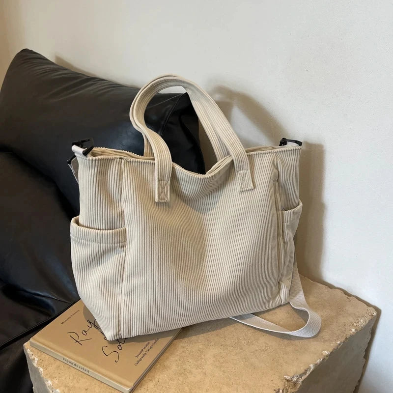 Women Corduroy Multi-Pocket Shoulder Tote & Crossbody Sling Bag