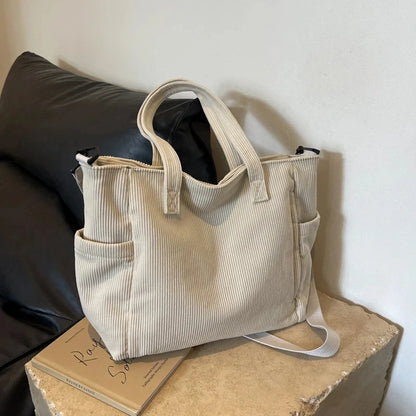 Women Corduroy Multi-Pocket Shoulder Tote & Crossbody Sling Bag