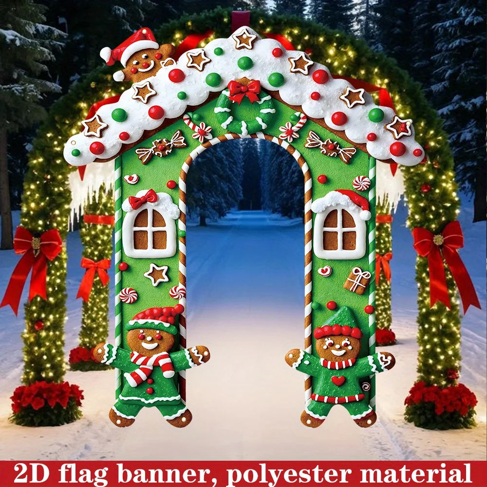 2D FLAT 1Pc Green Christmas Gingerbread House Outdoor Door Banner - Polyester Fabric Photo Backdrop