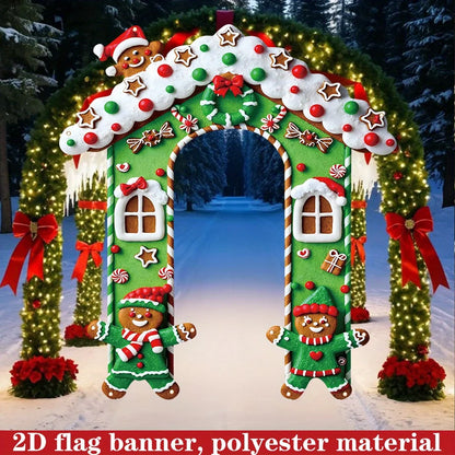 2D FLAT 1Pc Green Christmas Gingerbread House Outdoor Door Banner - Polyester Fabric Photo Backdrop