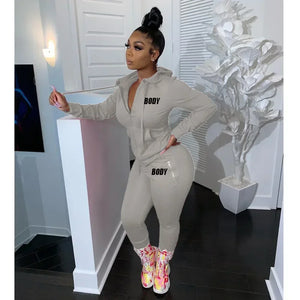 Body Letter Piece Zipper Fly Hoodie and Pants Set
