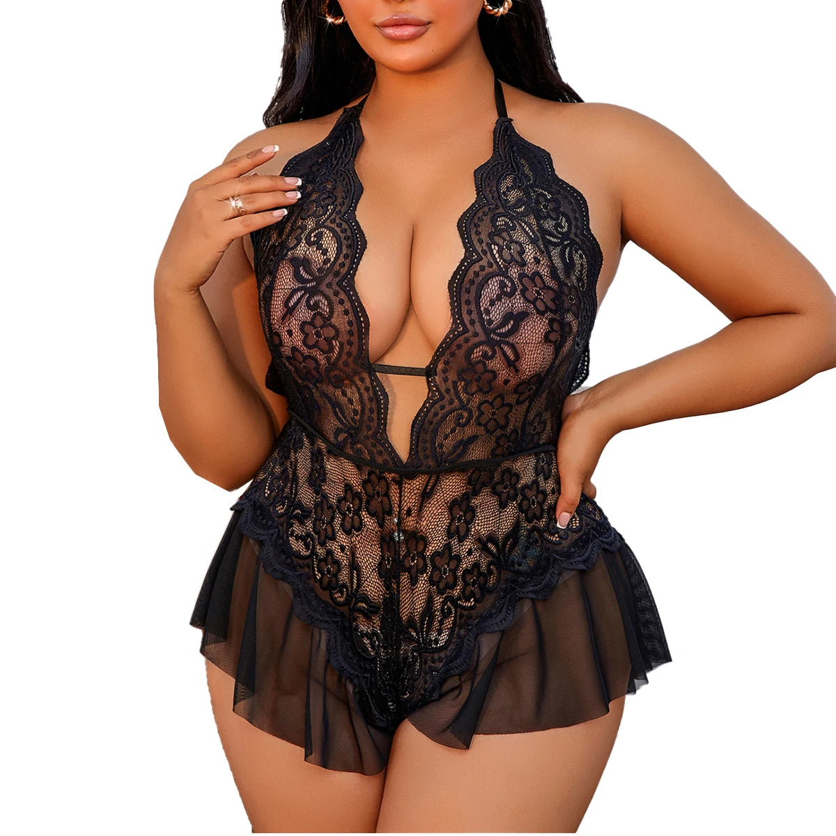 Plus Size Lace Backless One Piece Lingerie