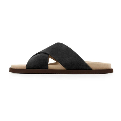 Men's Genuine Suede Leather Cross-Strap Platform Slippers