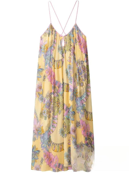 Women's Floral Print Chiffon Backless Cami Maxi Beach Dress