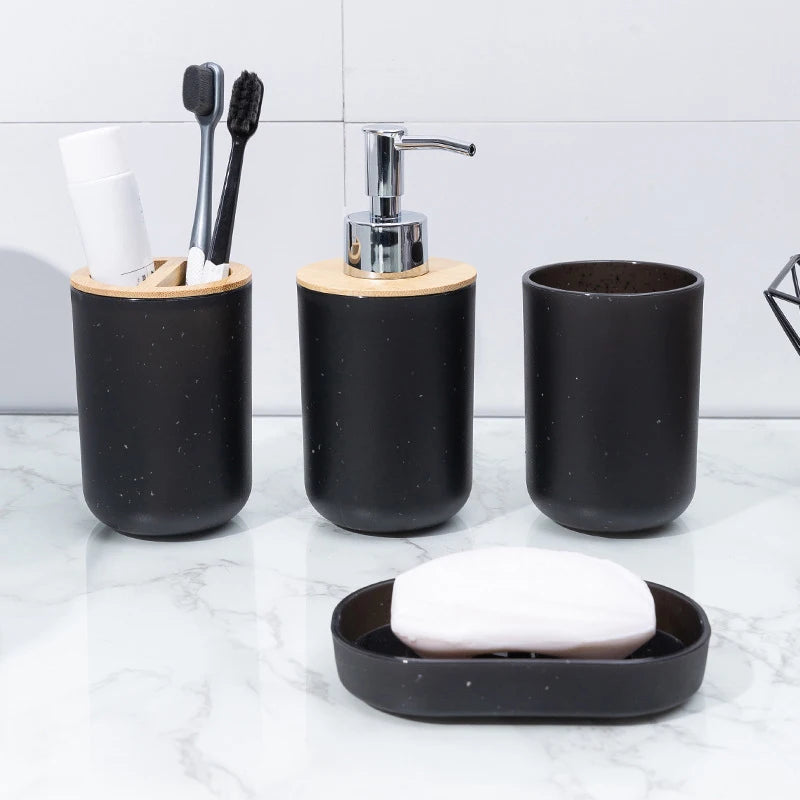 Black Bathroom Toothbrush Holder With Bamboo Cover Lotion Dispenser Soap Box