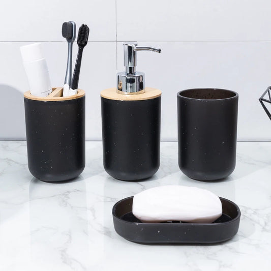 Black Bathroom Toothbrush Holder With Bamboo Cover Lotion Dispenser Soap Box