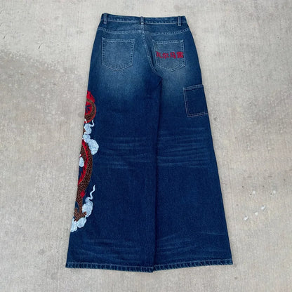 Dragon Graffiti Embroidered Loose Wide Leg Distressed Jeans