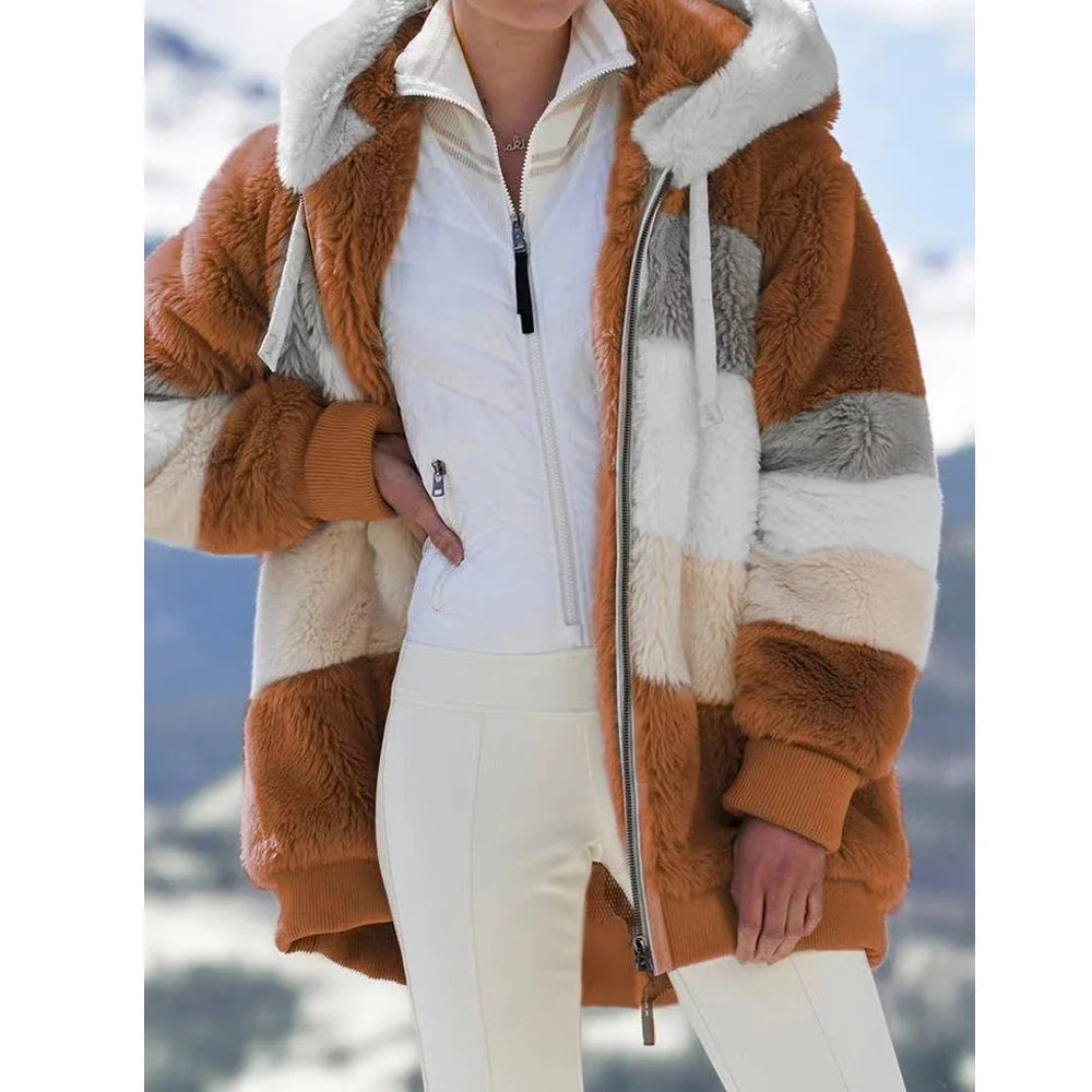 Women's Oversized Plush Hooded Zip-Up Cashmere Streetwear Coat