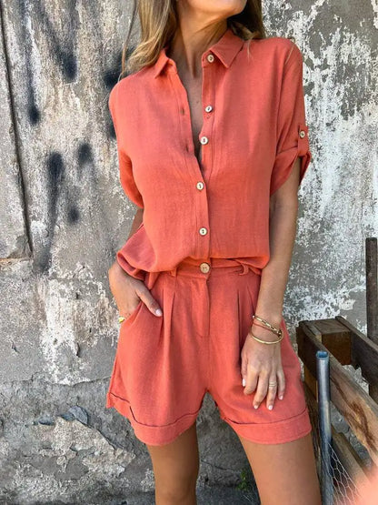 Women's Linen-Blend Button-Down Shirt & Shorts 2-Piece Set