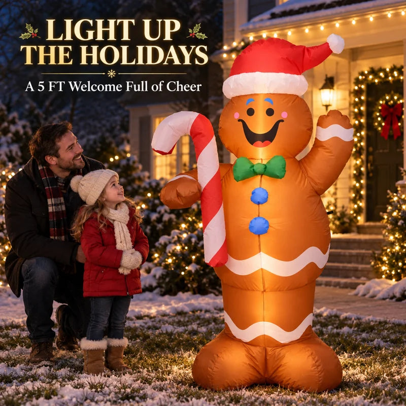 Giant 5FT Christmas Inflatable Gingerbread Man Decoration with Candy Cane & LED Lights