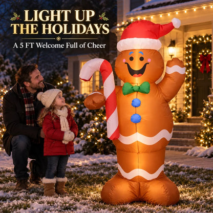 Giant 5FT Christmas Inflatable Gingerbread Man Decoration with Candy Cane & LED Lights