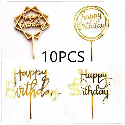 10Pcs Rose Gold Happy Birthday Cake Topper