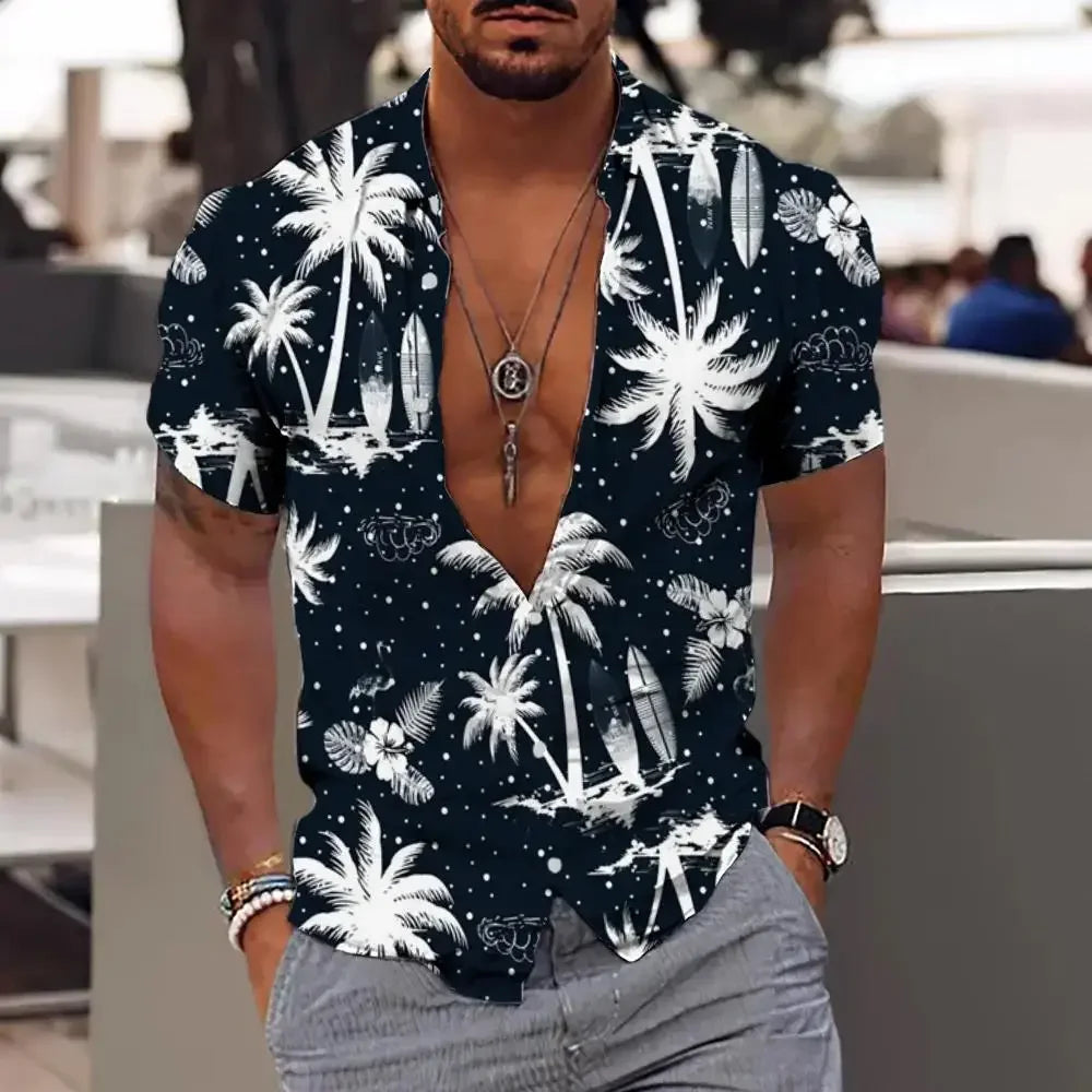 3D Plant Print Quick-Dry Short Sleeve Shirt