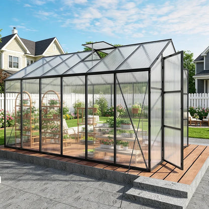 SUSUA 8x12FT Polycarbonate Raised Base and Anchor Aluminum Heavy Duty Greenhouse