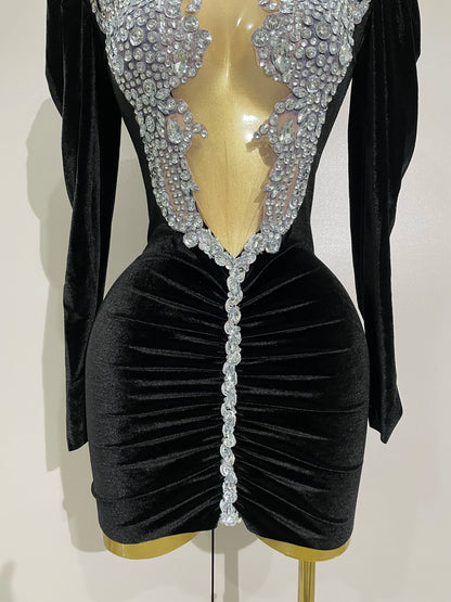 Sparkly Mesh Black Velvet Short Dress