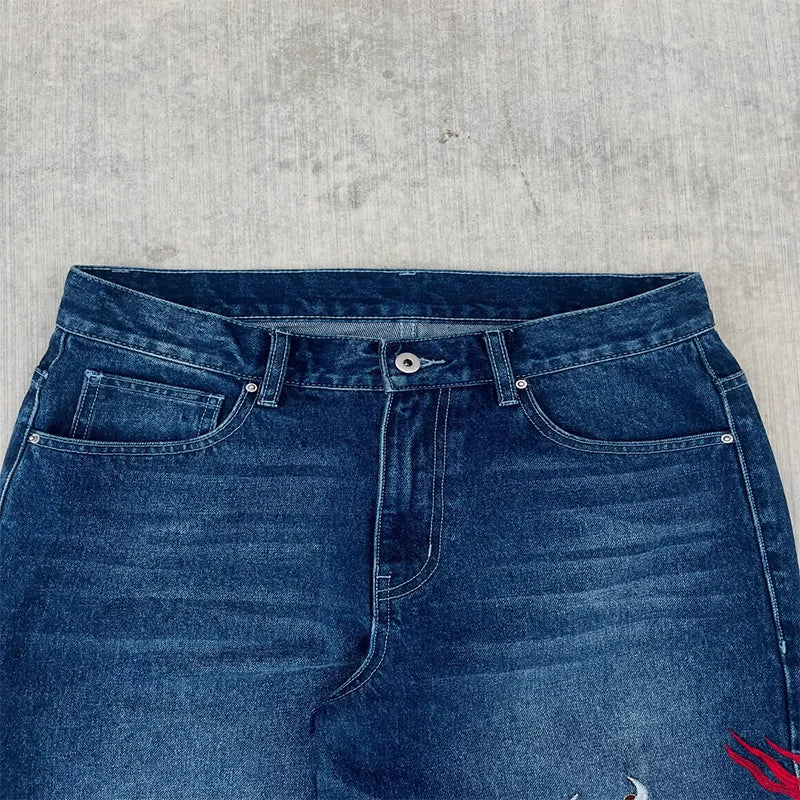 Dragon Graffiti Embroidered Loose Wide Leg Distressed Jeans