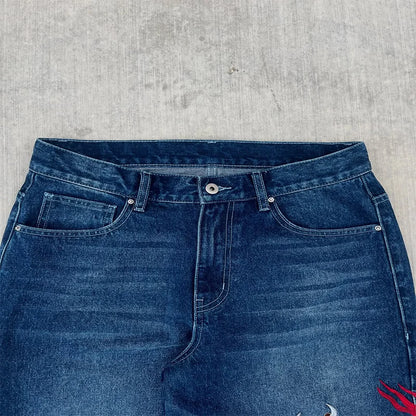 Dragon Graffiti Embroidered Loose Wide Leg Distressed Jeans