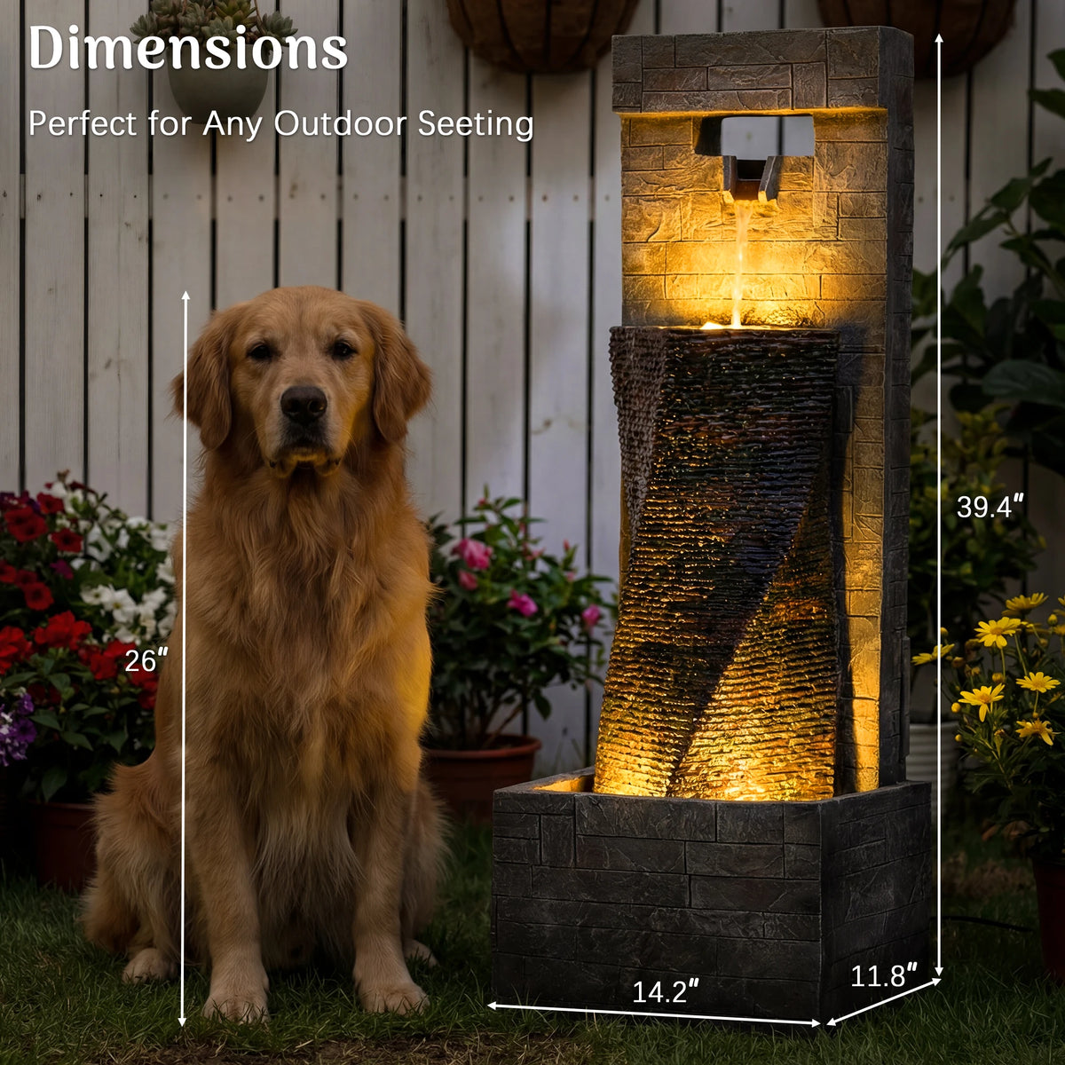 2-Tier Outdoor Cascading Water Fountain with Built-in LED Lights (39.4" H)