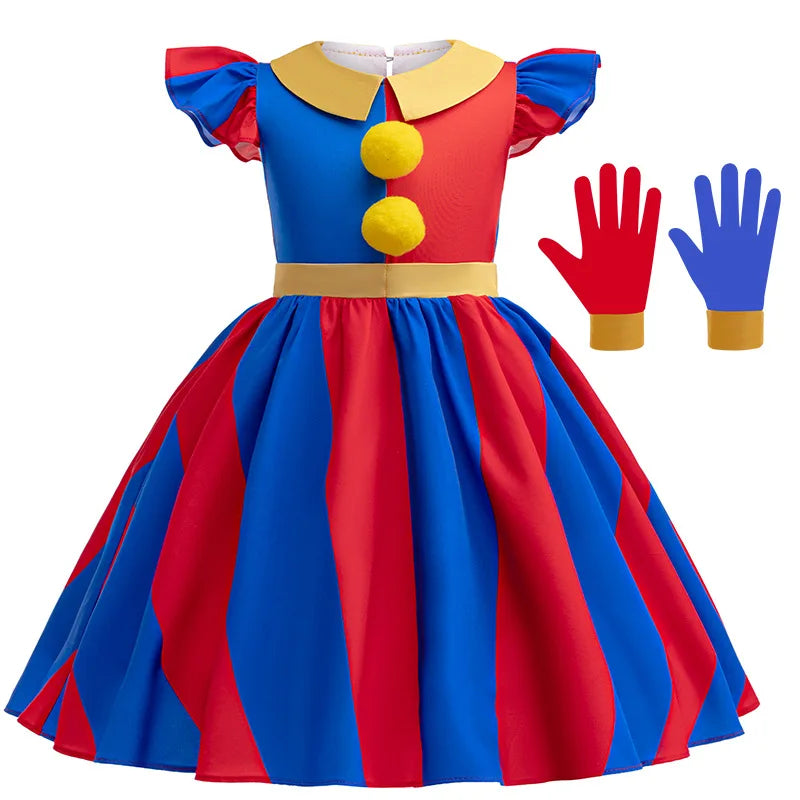 Girls' Digital Circus Pomni Cosplay Costume Set - Red & Blue Clown Dress Outfit for Kids