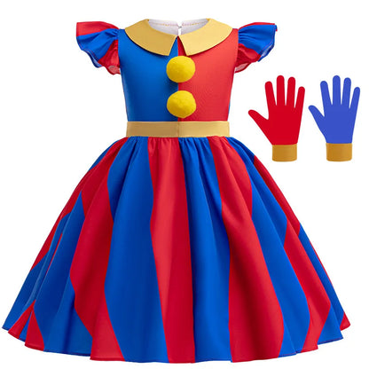 Girls' Digital Circus Pomni Cosplay Costume Set - Red & Blue Clown Dress Outfit for Kids