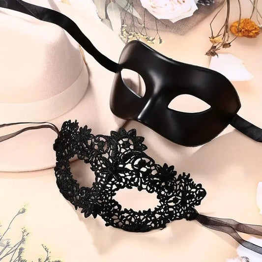 Elegant 2-Piece Black Lace Masquerade Mask Set