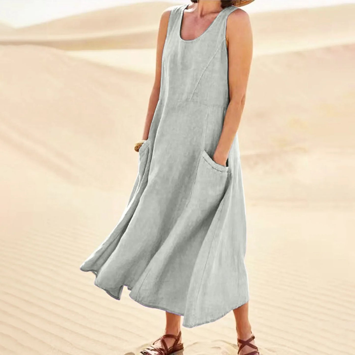 Women's Casual Sleeveless Cotton Linen Long Maxi Dress with Pockets
