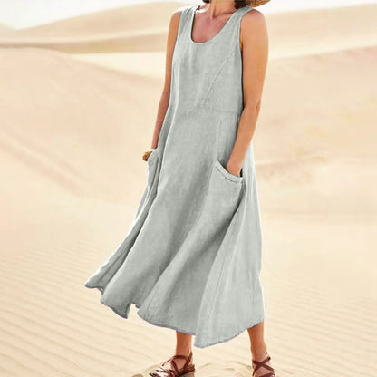 Women's Casual Sleeveless Cotton Linen Long Maxi Dress with Pockets