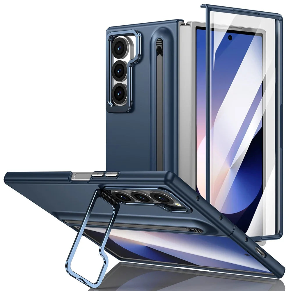 Samsung Galaxy Z Fold Metal Lens Stand Case with S Pen Holder & Tempered Glass Screen Protector