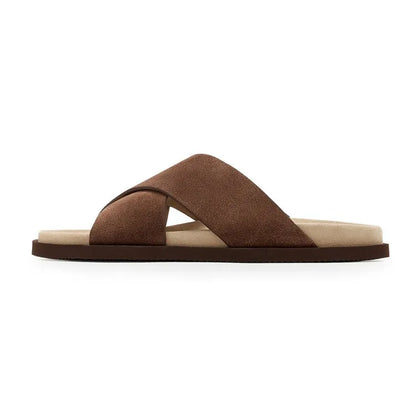 Men's Genuine Suede Leather Cross-Strap Platform Slippers