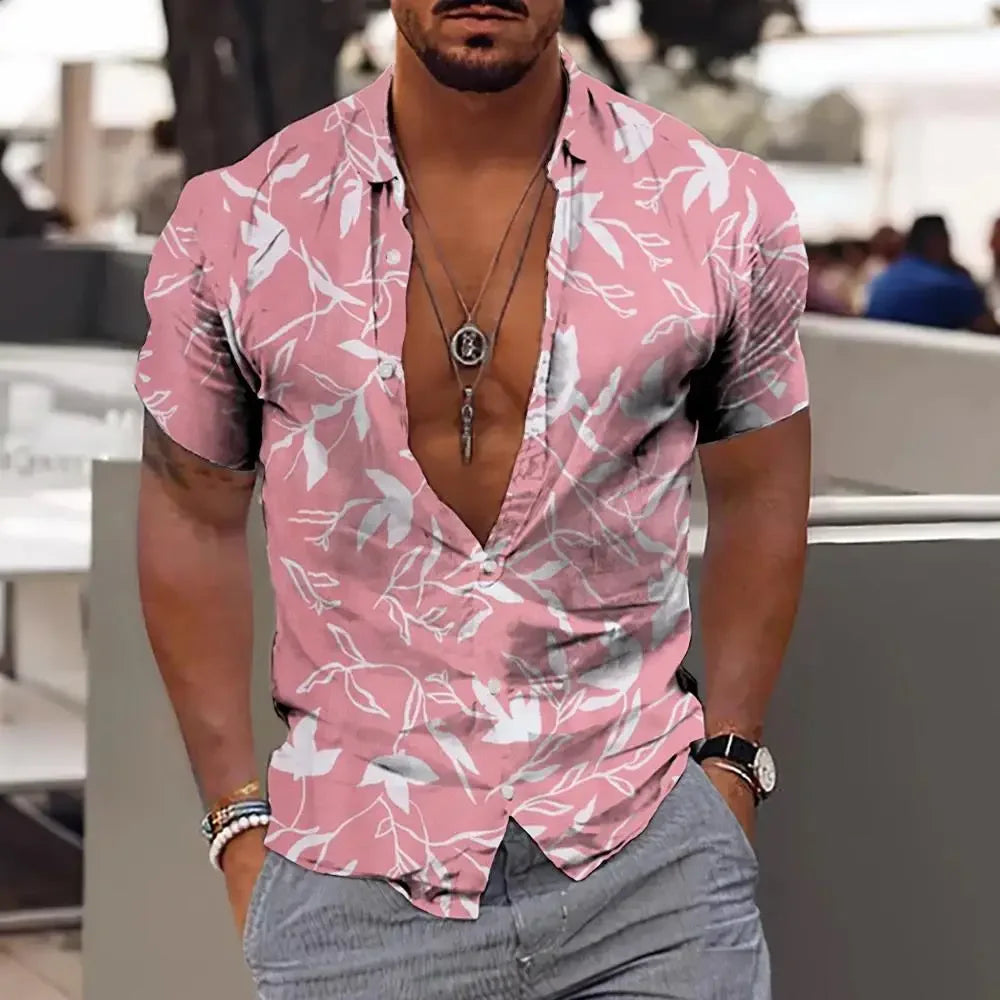 3D Plant Print Quick-Dry Short Sleeve Shirt