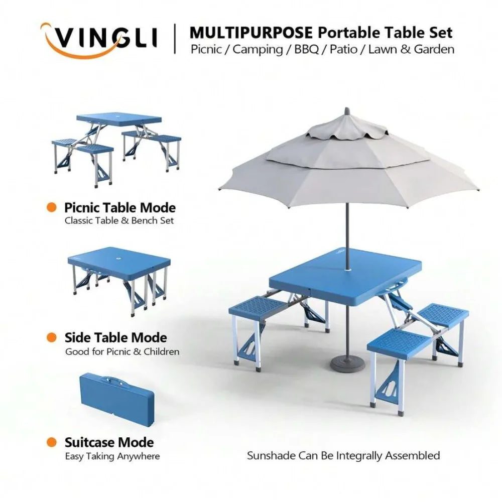 4 Ft Portable Folding Camping Picnic Table Set with 4 Seats & Umbrella Hole